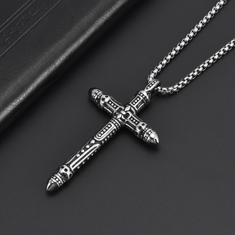 Collana con Ciondolo a Croce Teschio in Acciaio Inossidabile Gotico Vintage per Uomo Gioielli Punk Retro Argento Antico