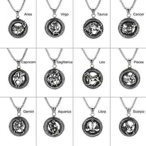 Collar de Colgante de Etiqueta Redonda 12 Signos del Zodiaco Retro Acero de Titanio Joyería Hip Hop Piscis Aries Tauro Géminis Leo Virgo Escorpio Hombre