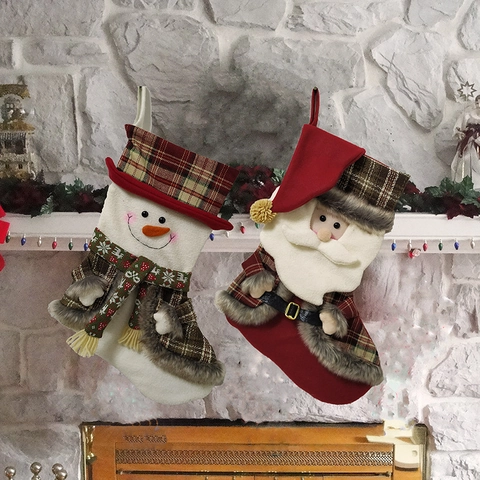 Chaussette de Noël Rustique Grand Tissu Écossais Père Noël Bonhomme de Neige Sac Cadeau Ornement Suspendu Décorations de Maison