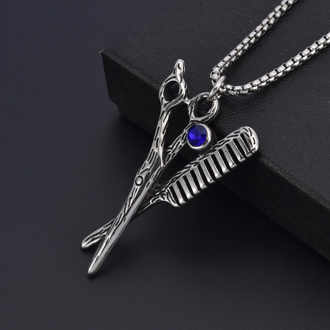 Vintage Stainless Steel Scissors Comb Pendant Necklace For Men Women Barber Stylist Jewelry With Blue Rhinestone