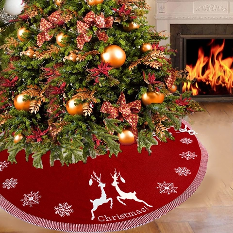 Weihnachtsbaumrock Gestrickt Wende Rentier Schneeflocken Muster Acryl Baummatte Feiertag Heimdekoration Rot Weiß