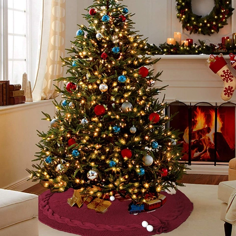 Weihnachtsbaumdecke Zopfmuster Acryl Geflochtene Runde Baummatte Mit Plüschbällen Für Feiertags Home Party Deko Rot Weiß