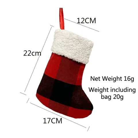 Classica Calza di Natale Buffalo Plaid Sacchetto Regalo con Bordo in Finta Pelliccia Bianca Ornamento Appendibile Rosso Nero a Quadri