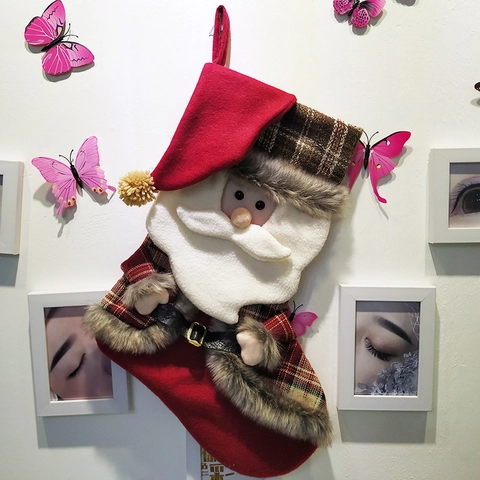 Chaussette de Noël Rustique Grand Tissu Écossais Père Noël Bonhomme de Neige Sac Cadeau Ornement Suspendu Décorations de Maison