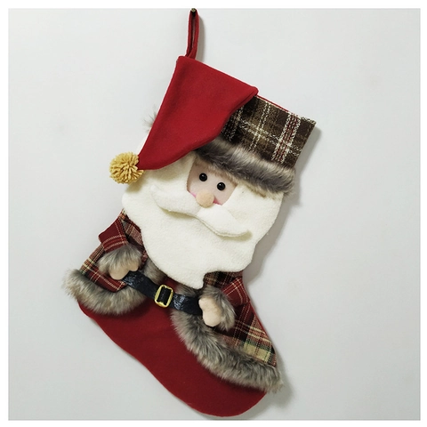 Rustic Plaid Christmas Stocking Large Santa Claus Snowman Gift Bag Faux Fur Trim Fireplace Hanging Ornament Holiday Decor