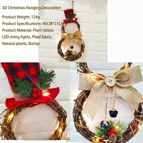 LED Weihnachten Schneemann Weinrebe Kranz Dreieck Holz Hängendes Ornament Mit Karierter Schleife Für Festliche Wanddekoration