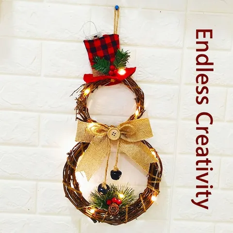 LED Weihnachten Schneemann Weinrebe Kranz Dreieck Holz Hängendes Ornament Mit Karierter Schleife Für Festliche Wanddekoration