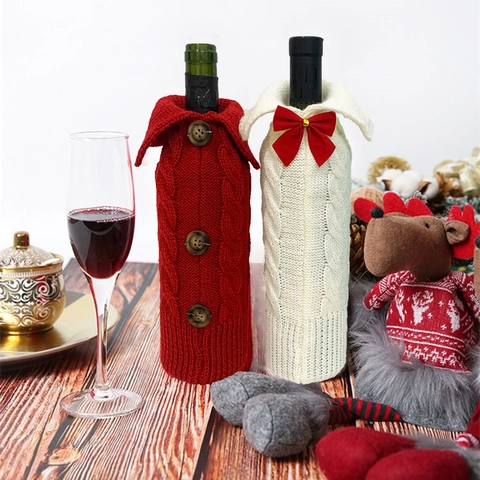 Kerst Gebreide Wijnfleshoes Polyester Kabelpatroon Fles Tas Met Knoppen Strik Huisfeest Festival Decoratie