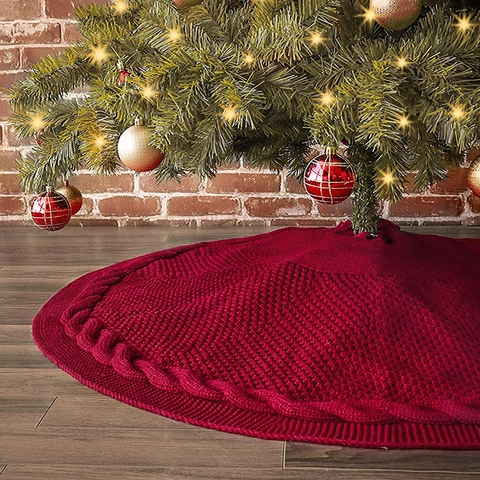 Große Gestrickte Weihnachtsbaumdecke Zopfmuster Acryl Baummatte Mit Weißen Pompons Für Weihnachtsfeier Bodendekoration Rot Weiß