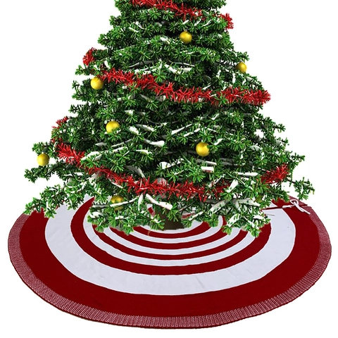 Jupe de Sapin de Noël à Rayures Rouges Blanches Bleues en Polyester Tricoté Tapis Rond pour Base de Sapin de Noël Décoration de Fête