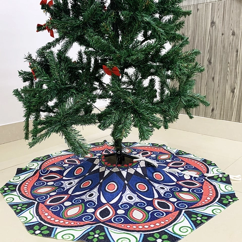 Jupe de Sapin de Noël en Tricot avec Imprimé Mandala Couverture de Base Ronde pour Décoration de Sapin Fête Maison