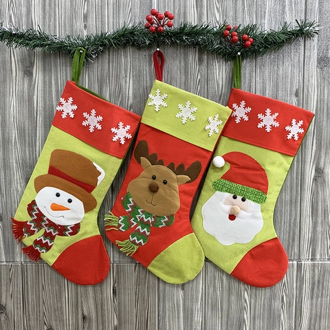 Grande Chaussette de Noël Rouge Vert Brodé Père Noël Bonhomme de Neige Renne Applique Cheminée Sac Cadeau Décoration