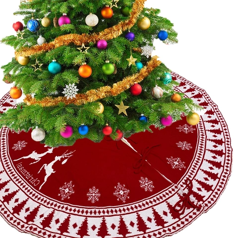 Nordic Knitted Christmas Tree Skirt Reindeer Snowflake Pattern Machine Woven Polyester Tree Mat For Home Xmas Party Decoration