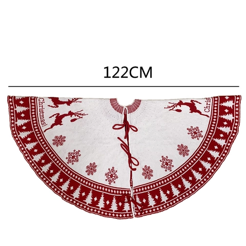 Nordic Knitted Christmas Tree Skirt Reindeer Snowflake Pattern Machine Woven Polyester Tree Mat For Home Xmas Party Decoration