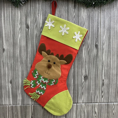 Grande Chaussette de Noël Rouge Vert Brodé Père Noël Bonhomme de Neige Renne Applique Cheminée Sac Cadeau Décoration