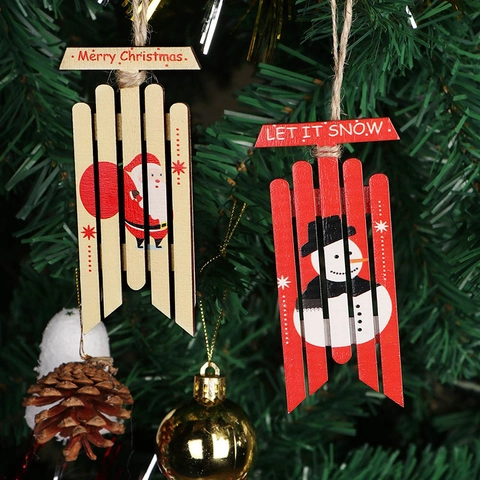 Holz Weihnachten Schlitten Anhänger Set Weihnachtsmann Schneemann Bedruckte Hängende Deko Für Weihnachtsbaum Feiertag Haus Dekoration