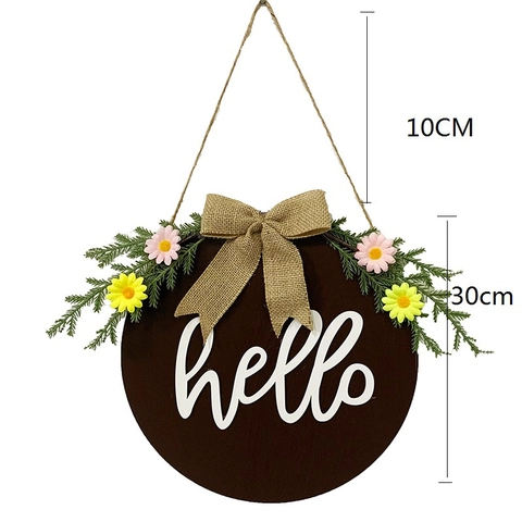 Rustic Pine Wood Hello Welcome Sign Wreath For Front Door Easter Home Wall Decor With Burlap Bow Artificial Daisy Flowers Greenery