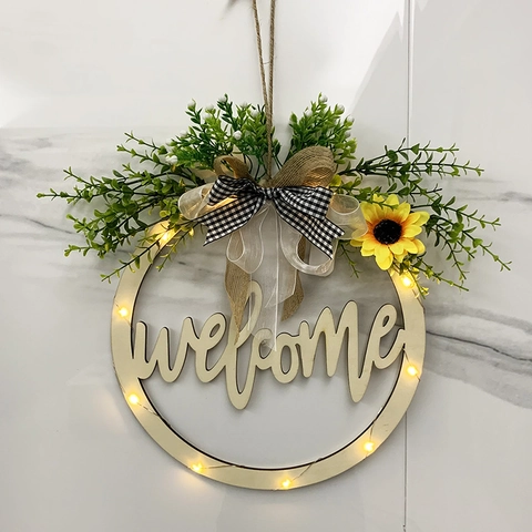 Insegna di Benvenuto in Legno Rustico Con Luce LED Ghirlanda di Fiori Traforata Girasole Fiocco a Quadretti Pasqua Decorazione