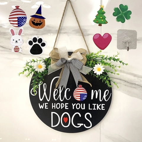 Cartello di Benvenuto Intercambiabile per Porta d'Ingresso Decorazione in Legno Sospesa Decorazione da Parete Portico Cani