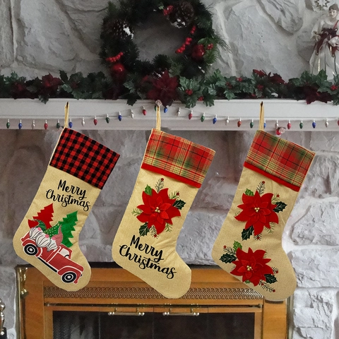 Large Christmas Stocking Linen Burlap Plaid Applique Flower Gnome Red Truck Hanging Sock Xmas Party Decor Gift Bag