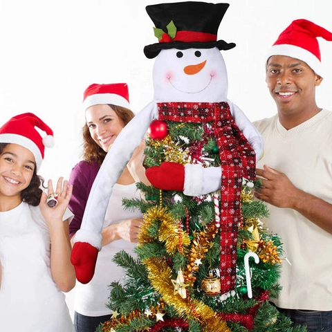 Grande Cime de Sapin de Noël Bonhomme de Neige Avec Bras Longs Pliables Écharpe à Carreaux Haut-de-forme Noir