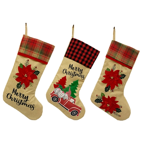 Large Christmas Stocking Linen Burlap Plaid Applique Flower Gnome Red Truck Hanging Sock Xmas Party Decor Gift Bag