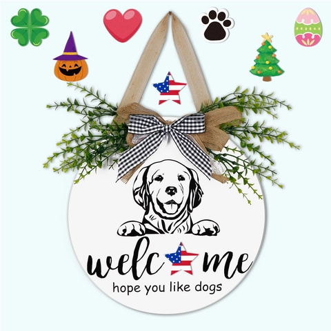 Wooden Round Welcome Sign For Front Door Interchangeable Seasonal Icons Dog Pattern Rustic Farmhouse Porch Hanging Decor