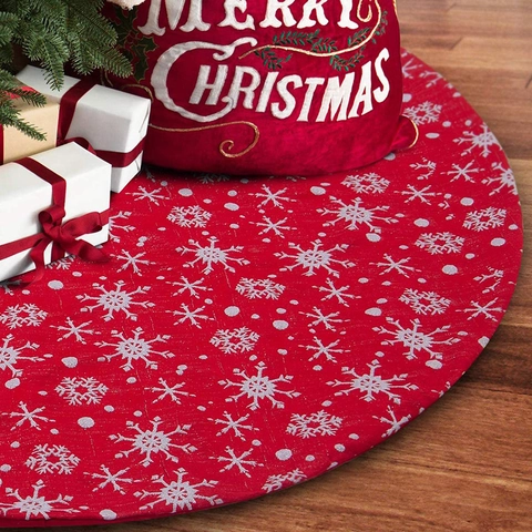Red Snowflake Christmas Tree Skirt Large Polyester Fabric Tree Skirt With Velcro For Christmas Tree Holiday Decoration