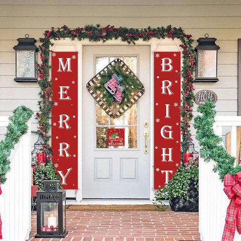 Bannière de Porche de Noël Merry Bright Rouge Welcome Ensemble pour Porte Extérieure Murale Décoration Suspendue Polyester