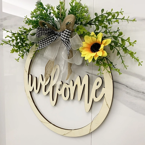 Rustic Pine Wood Welcome Sign Door Hanging Wreath With LED Light Hollow Out Letter Sunflower Bowknot For Home Decoration