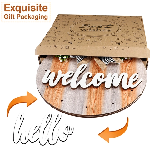Wooden Welcome Hello Sign For Front Door With LED Lights Interchangeable Letters Easter Spring Farmhouse Wreath Decor