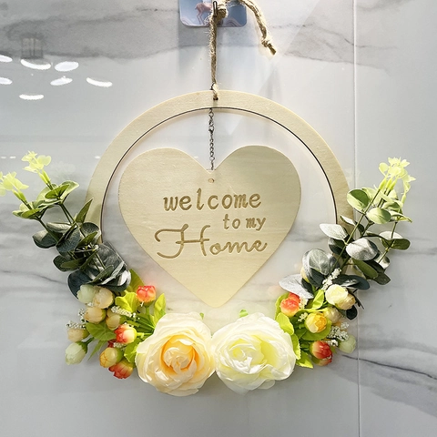 Ghirlanda Rustica di Benvenuto in Legno Con Rose di Seta Targa a Cuore Decorazione da Appendere per San Valentino Pasqua
