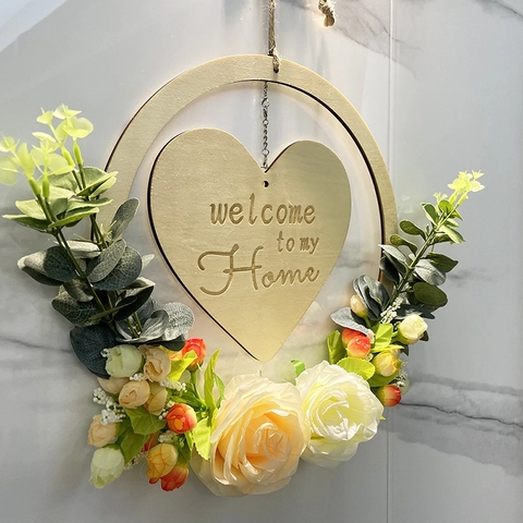 Ghirlanda Rustica di Benvenuto in Legno Con Rose di Seta Targa a Cuore Decorazione da Appendere per San Valentino Pasqua