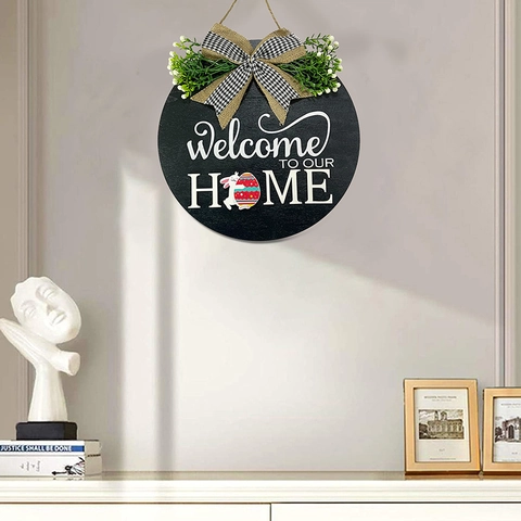Letrero de Bienvenida Rústico de Madera Con Iconos Estacionales Intercambiables para Puerta de Entrada Decoración de Pared Navidad Halloween Pascua