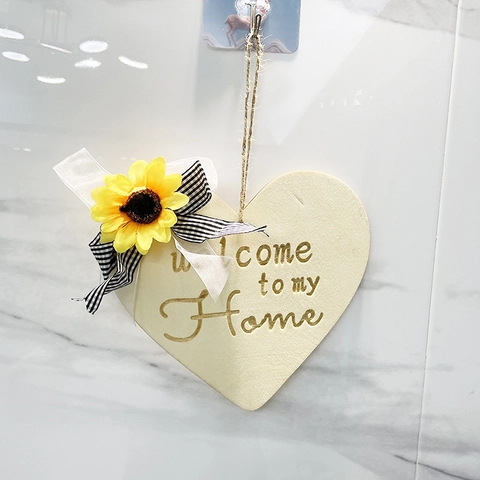 Targa di Benvenuto in Legno a Forma di Cuore Con Girasole e Fiocco Ornamento Decorativo da Appendere per Ingresso Casa