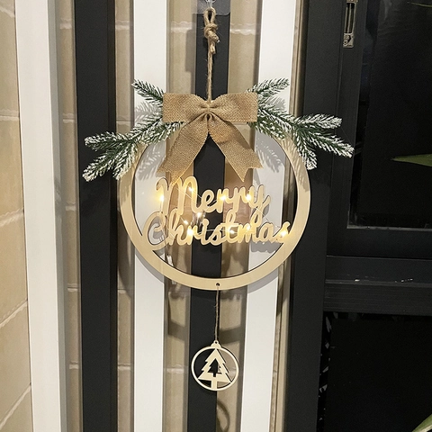 Merry Christmas Wooden Hanging Wreath Ornament With LED Warm Lights Burlap Bowknot Pine Needle Home Front Door Wall Decor