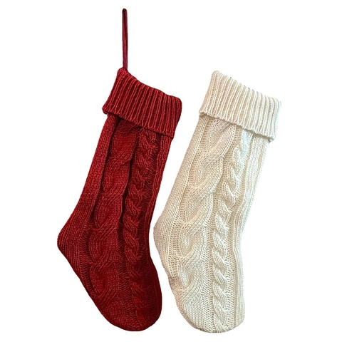 Large Cable Knit Christmas Stocking Rustic Fabric Holiday Gift Bag For Tree Fireplace Decoration Red White Handicraft