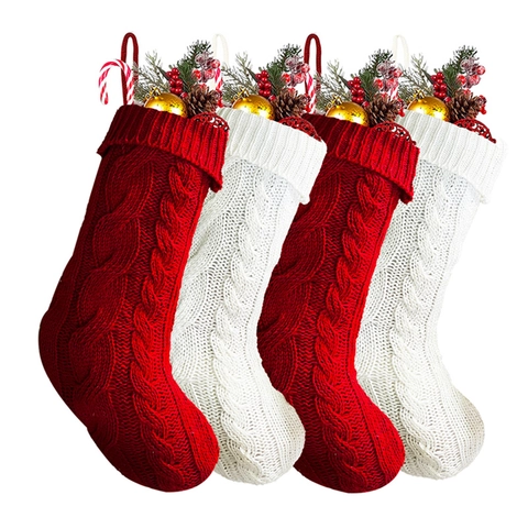 Large Cable Knit Christmas Stocking Rustic Fabric Holiday Gift Bag For Tree Fireplace Decoration Red White Handicraft