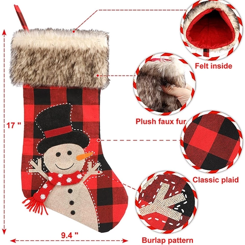 Calza di Natale a Quadri Buffalo Con Bordo in Pelliccia Sintetica Ricamata Babbo Natale Pupazzo di Neve Renna Sacchetto Regalo Appeso