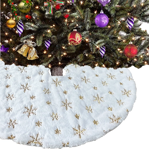 Jupe de Sapin de Noël en Fausse Fourrure Couverture de Base en Peluche Blanche Avec Flocon de Neige en Paillettes Or Argent
