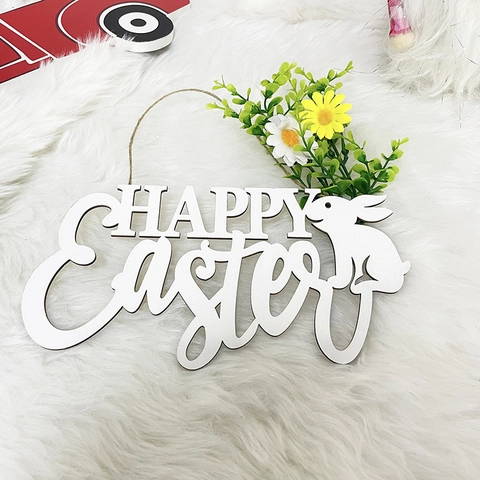 Easter Wooden Bunny Hanging Sign With Artificial Daisies And Green Leaves White Hollow Happy Easter Door Wall Decor
