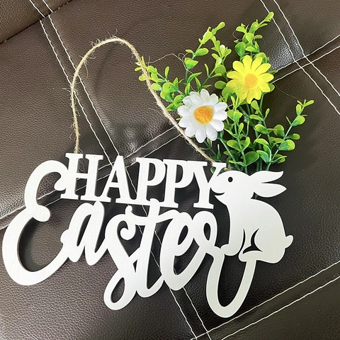 Easter Wooden Bunny Hanging Sign With Artificial Daisies And Green Leaves White Hollow Happy Easter Door Wall Decor
