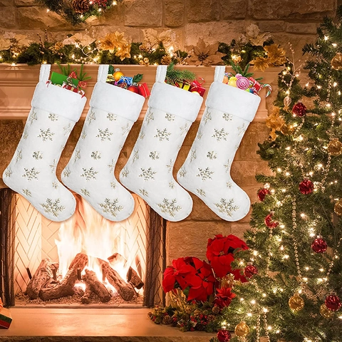 Calcetín de Navidad de Felpa Blanco Grande con Lentejuelas Bordadas Copo de Nieve Oro Plata Bolsa de Regalo para Decoración Hogar