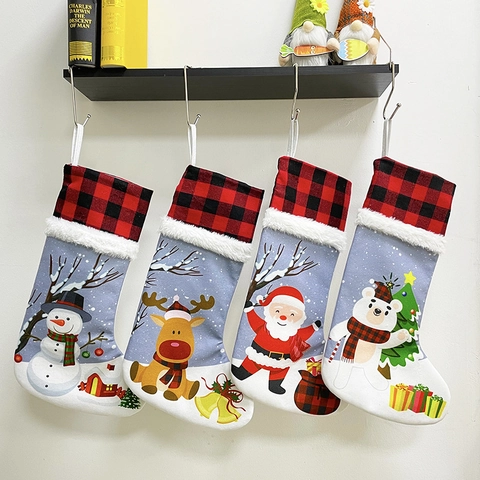 Calza di Natale Plaid Buffalo Con Bordo in Pelliccia Sintetica Babbo Natale Pupazzo di Neve Renna Stampata Sacchetto Regalo per Festa Casa