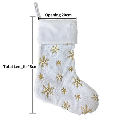 Calcetín de Navidad de Felpa Blanco Grande con Lentejuelas Bordadas Copo de Nieve Oro Plata Bolsa de Regalo para Decoración Hogar