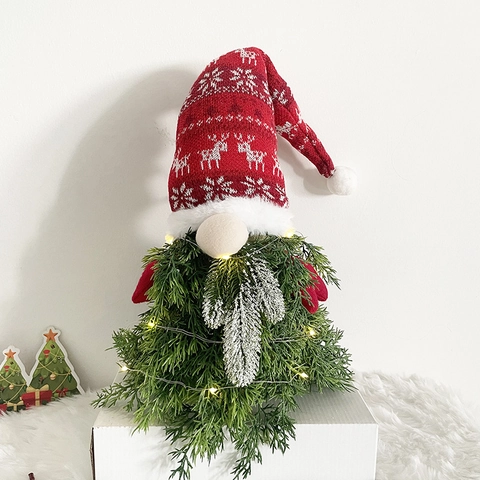 Gnomo di Natale Illuminato a LED Ornamento Renna Fiocco di Neve Cappello a Maglia Corpo in Aghi di Pino Decorazione da Tavolo Regalo