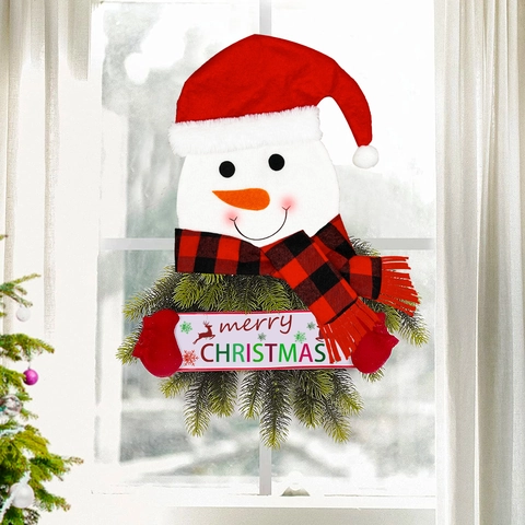 Ornement Suspendu De Porte Bonhomme De Neige Joyeux Noël Avec Aiguilles De Pin Artificielles Écharpe À Carreaux Décoration