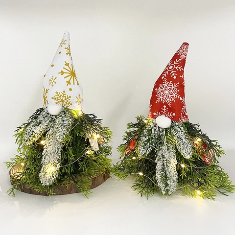 Christmas Gnome Tree Ornament With LED Lights Artificial Pine Needles Snowflake Fabric Hat Tabletop Decor Festive Gift