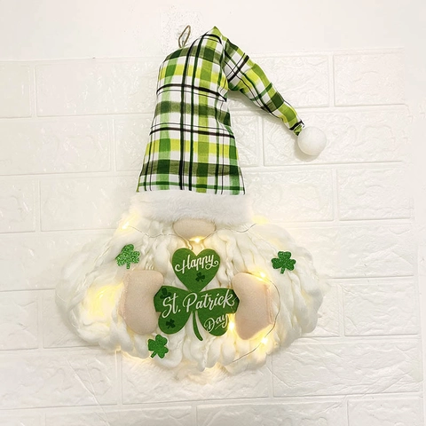 Suspension Murale Gnome Saint-Patrick Avec Lumière LED Vert Plaid Gnome Sans Visage Trèfle Décoration de Porte pour la Maison
