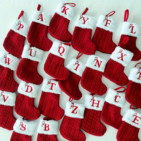 Calza di Natale in Maglia Trecce Rossa Con Polsino in Pelliccia Sintetica Bianca Lettera Ricamata Decorazione Natalizia